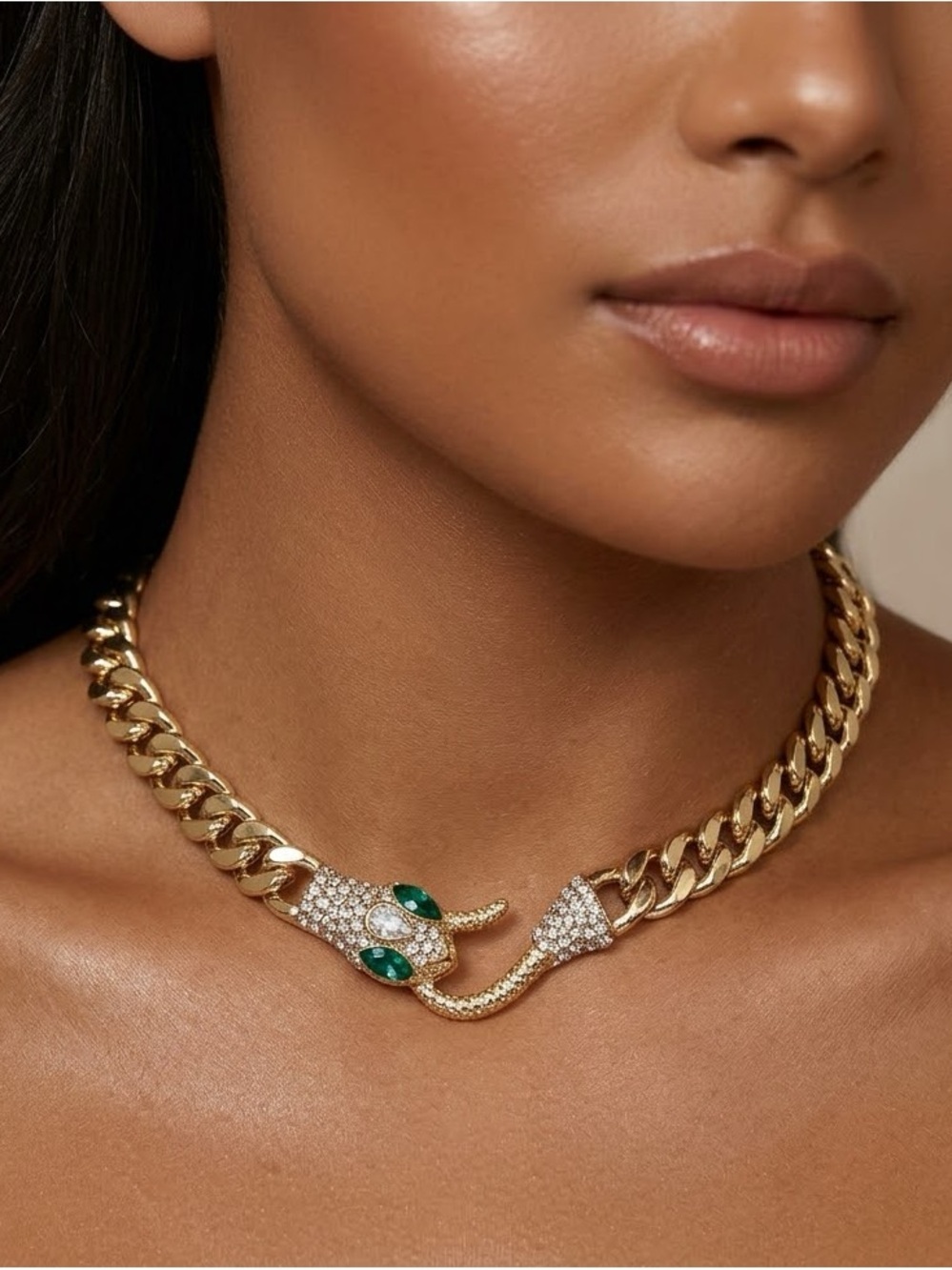 Gold Snake-Head Chain Choker Necklace with Emerald Accents